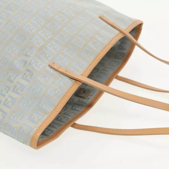 FENDI Zucchino Canvas Tote Bag Light Blue Brown Silver Auth - Picture 8 of 16
